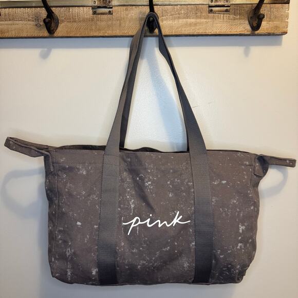 Victoria's Secret PINK gray charcoal acid wash canvas tote Weekender Travel Bag - Picture 10 of 13